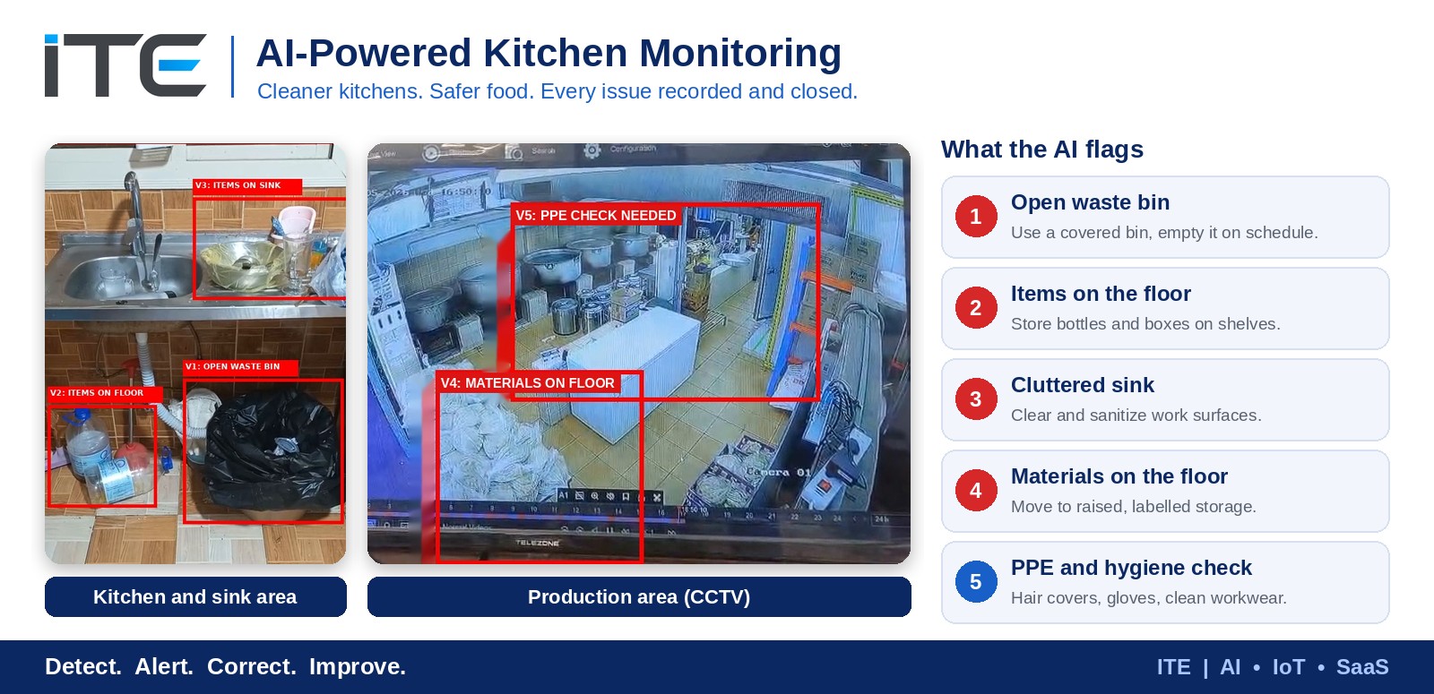AI-powered kitchen monitoring: open waste bin, items on the floor, cluttered sink, materials on the floor and PPE checks